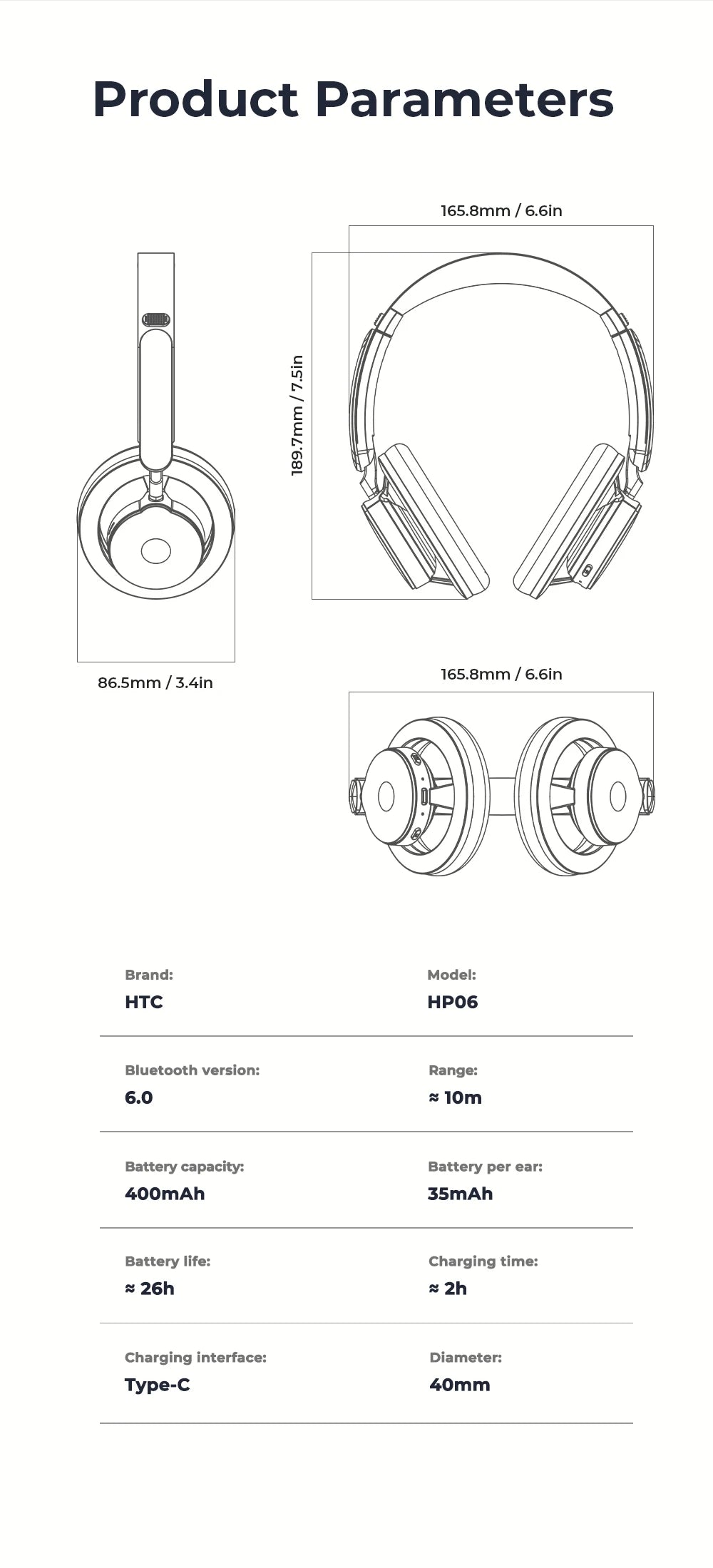 Open-Ear Headphones Foldable Punchy Bass HTC HP06 Bluetooth V6.0 Wireless  Headset for PC Laptop phone TV lightweight Hollow Airy