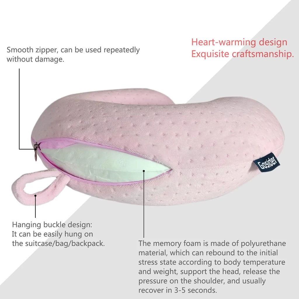 Travel Pillow Pink U-Shape Memory Foam  for Sleeping Comfort, Neck and Head Support on Planes, Trains, Cars