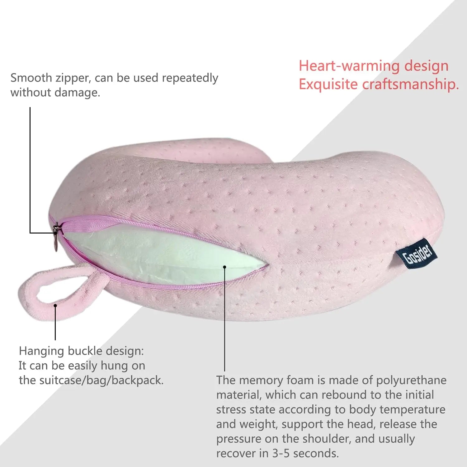 Travel Pillow Pink U-Shape Memory Foam  for Sleeping Comfort, Neck and Head Support on Planes, Trains, Cars