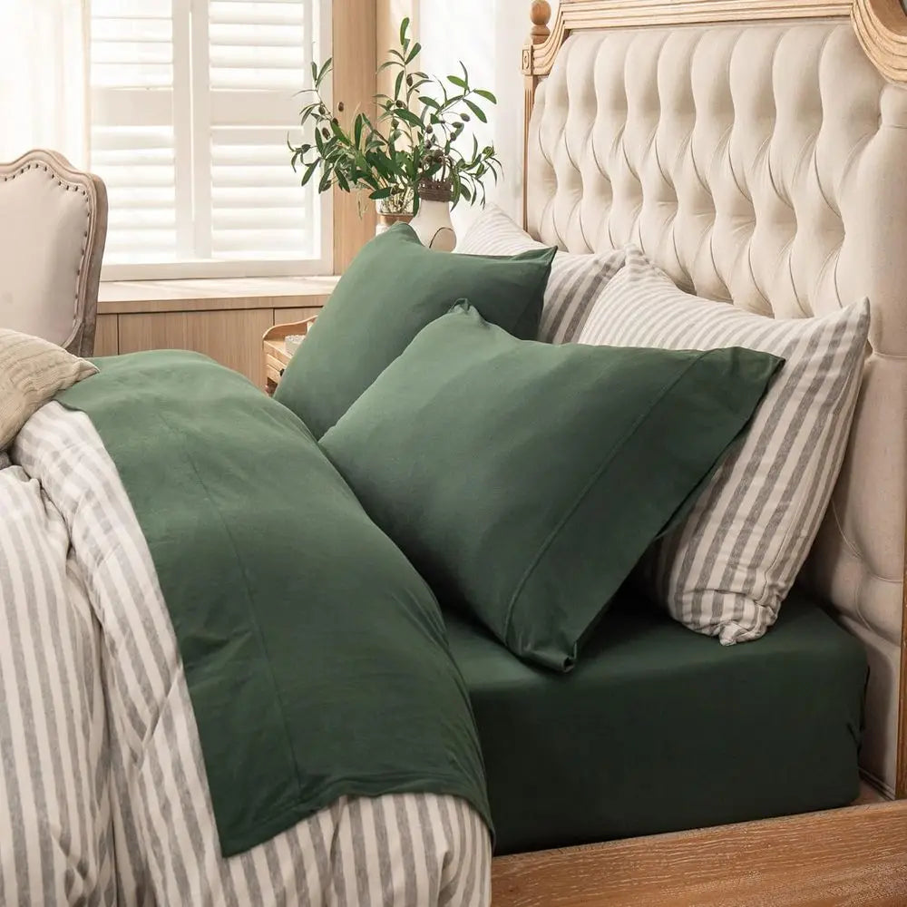 Jersey Knit Bed Sheet Queen Size 4-Piece Set in 100% Soft Cotton, Breathable and Suitable for 20 Deep Mattresses, Available in S
