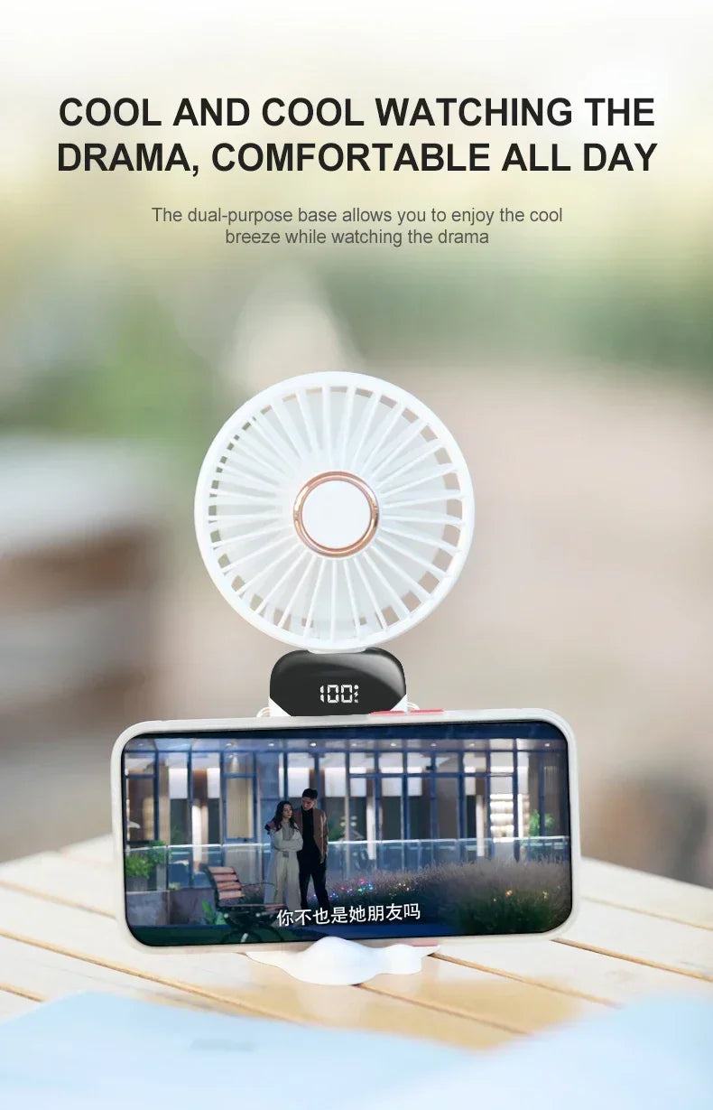 Super Handy Mini Fan Foldable Neck Hanging Fans 5 Speed USB Rechargeable Fan with Phone Stand and Display Screen 1800mAh