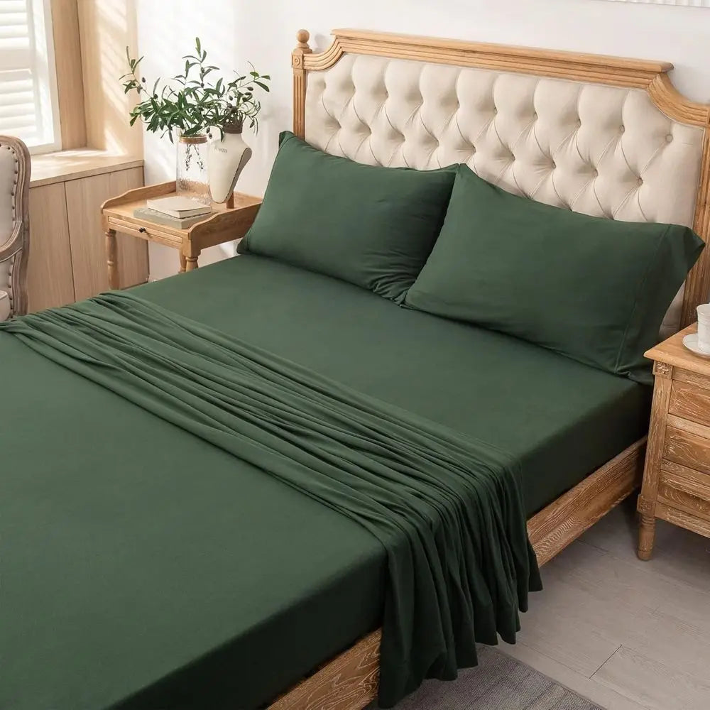 Jersey Knit Bed Sheet Queen Size 4-Piece Set in 100% Soft Cotton, Breathable and Suitable for 20 Deep Mattresses, Available in S