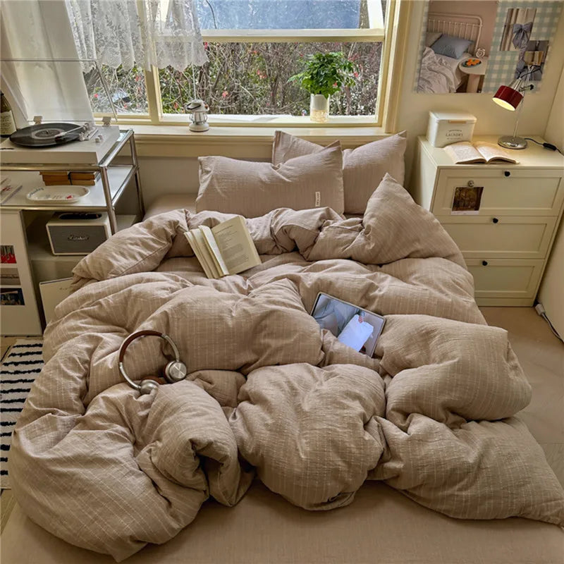 Puffy 3/4Pcs Solid Color Skin-friendly Soft Bedding Set Duvet Cover Bed Sheet Pillowcases