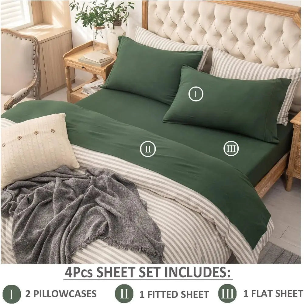 Jersey Knit Bed Sheet Queen Size 4-Piece Set in 100% Soft Cotton, Breathable and Suitable for 20 Deep Mattresses, Available in S