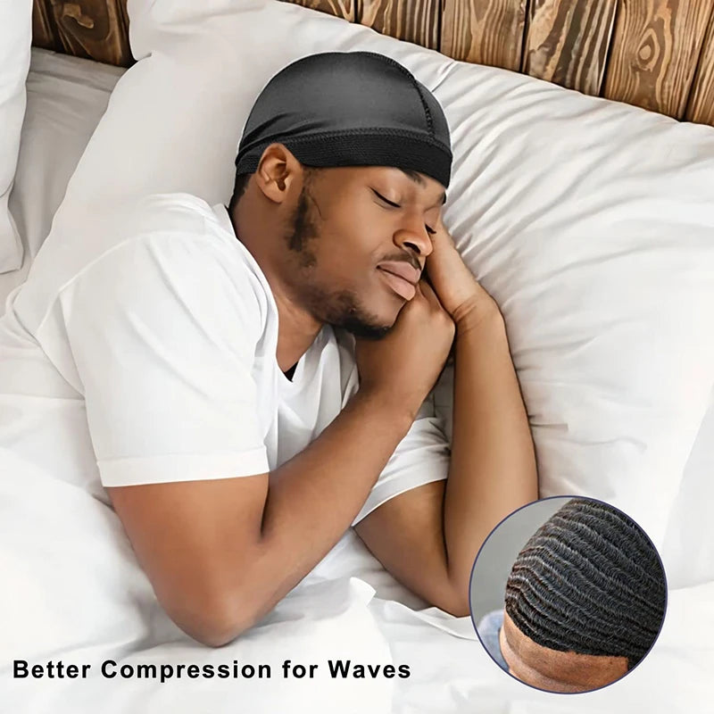 Combo 3PCS/LOT Men Silky Durag Long Tail Pirate Hat Headband Turban Dome Wave Cap Unisex Wig Cap Elastic Band Satin Bonnet