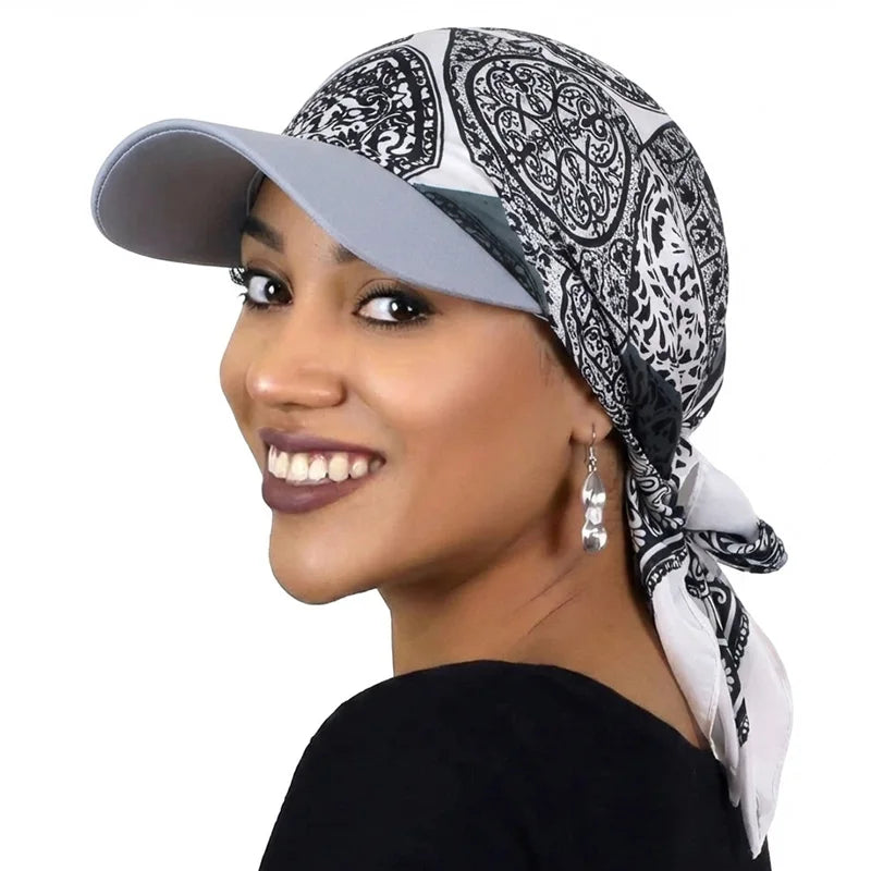 Women Fashion Printed Satin Headscarf Hat with Brim Sun Hats Summer Soft Breathable Headscarf Caps Baseball Cap