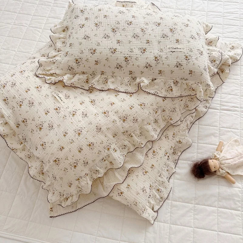 Cozy Princess Ruffle Edge Gauze 100% Cotton Pillow Case Breathable Duvet Cover Without Filler 3PCS Floral Home Bedding Set