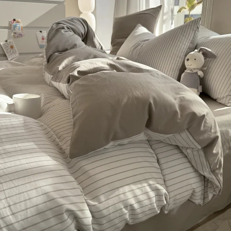 100% Pure Cotton Home Textile Striped Bedding Set Simple Soft Duvet Cover Sheet Pillowcase Ins Style Bed Linens Queen King Size 2025