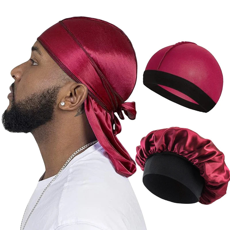 Combo 3PCS/LOT Men Silky Durag Long Tail Pirate Hat Headband Turban Dome Wave Cap Unisex Wig Cap Elastic Band Satin Bonnet