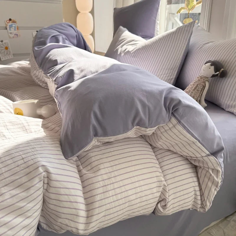 100% Pure Cotton Home Textile Striped Bedding Set Simple Soft Duvet Cover Sheet Pillowcase Ins Style Bed Linens Queen King Size 2025