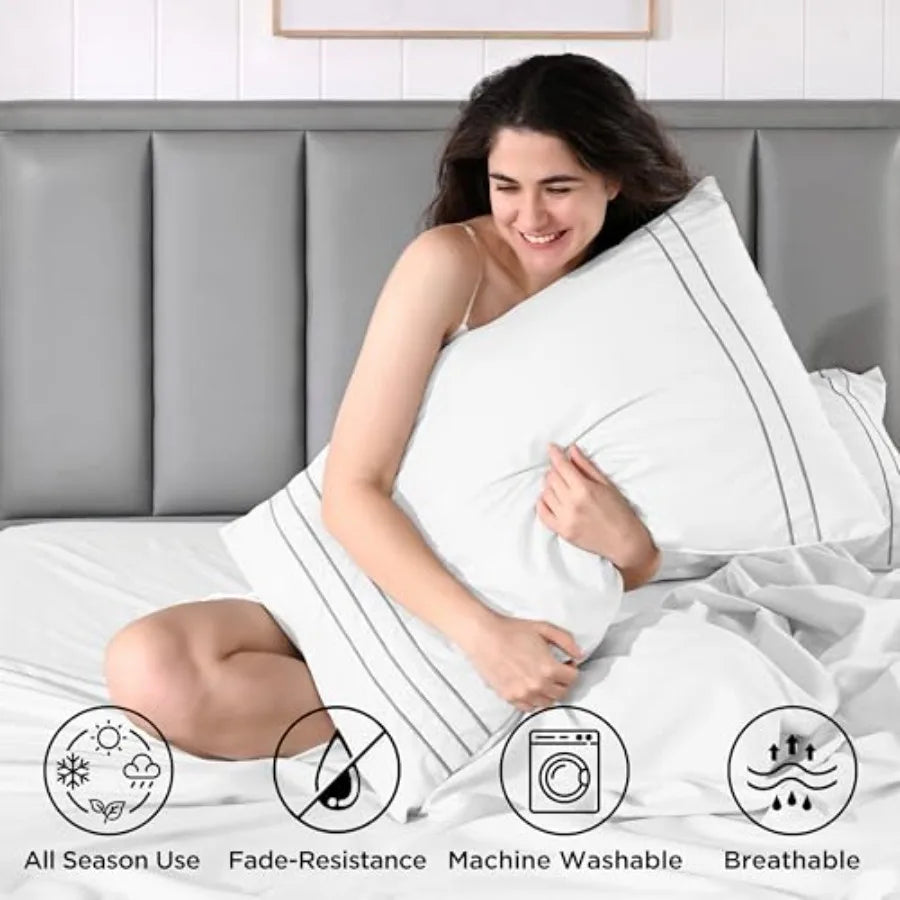 Set with Embroidered Pillowcases Ultra-Soft Size 4 Pcs Sheet Microfiber Comfy Breathable and Cooling Bed Sheets Deep Pocket Fit