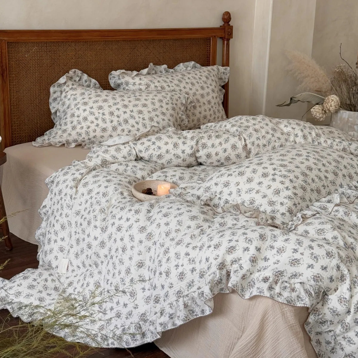 Cozy Princess Ruffle Edge Gauze 100% Cotton Pillow Case Breathable Duvet Cover Without Filler 3PCS Floral Home Bedding Set