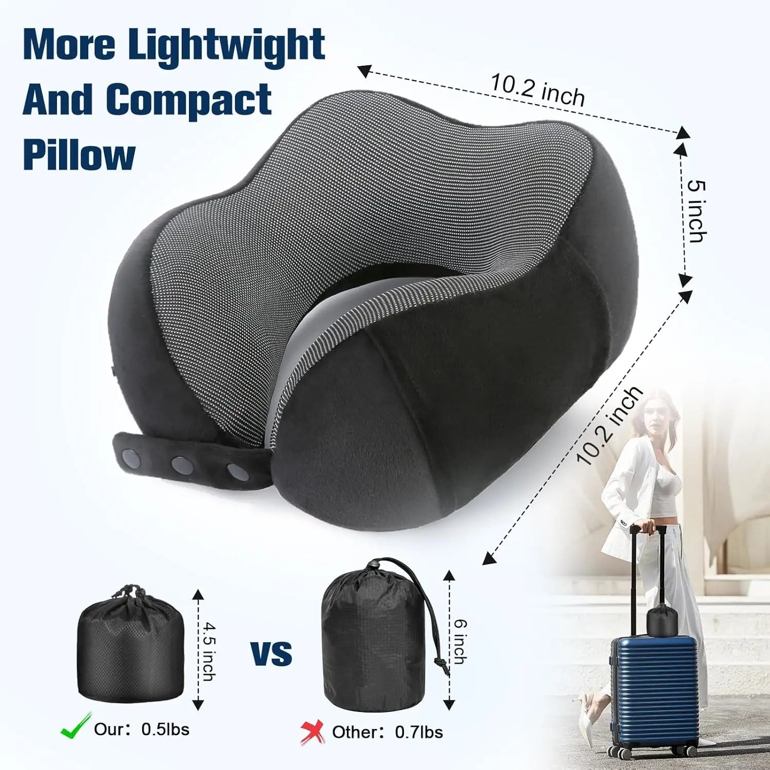 Super Comfortable Memory Foam Travel Neck Pillow with Adjustable Support, Eye Mask & Earplugs for Airplane