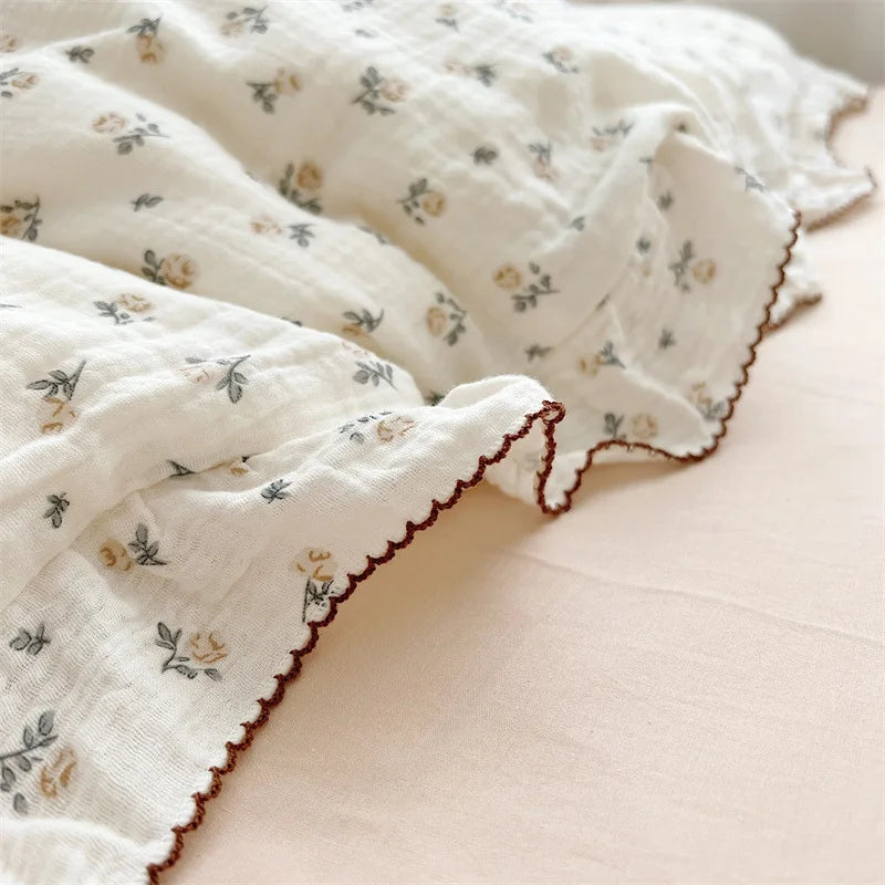 Cozy Princess Ruffle Edge Gauze 100% Cotton Pillow Case Breathable Duvet Cover Without Filler 3PCS Floral Home Bedding Set