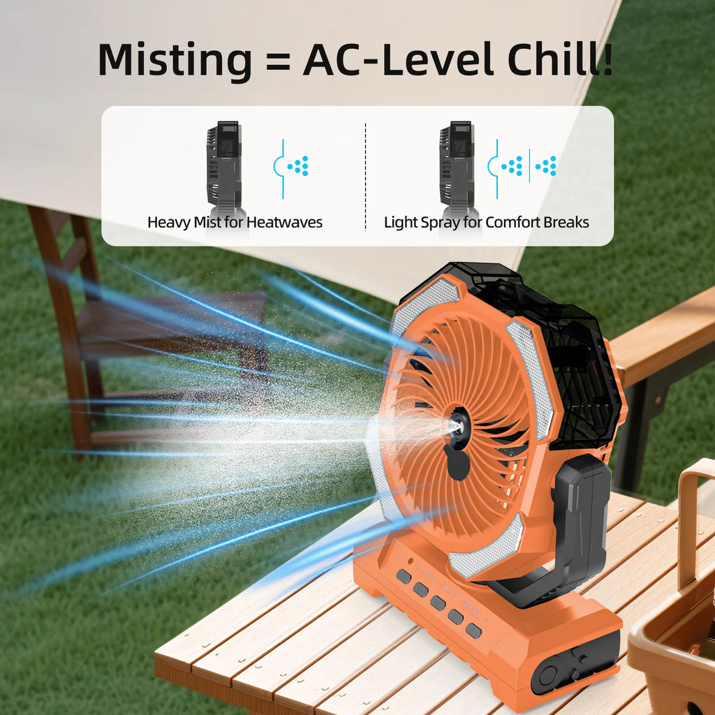 Super 20000mAh Operated Mist Cooling Fan Portable Rechargeable Desk/Camping Fan with LED Light and Hook Outdoor Fan for Tent Car Trip