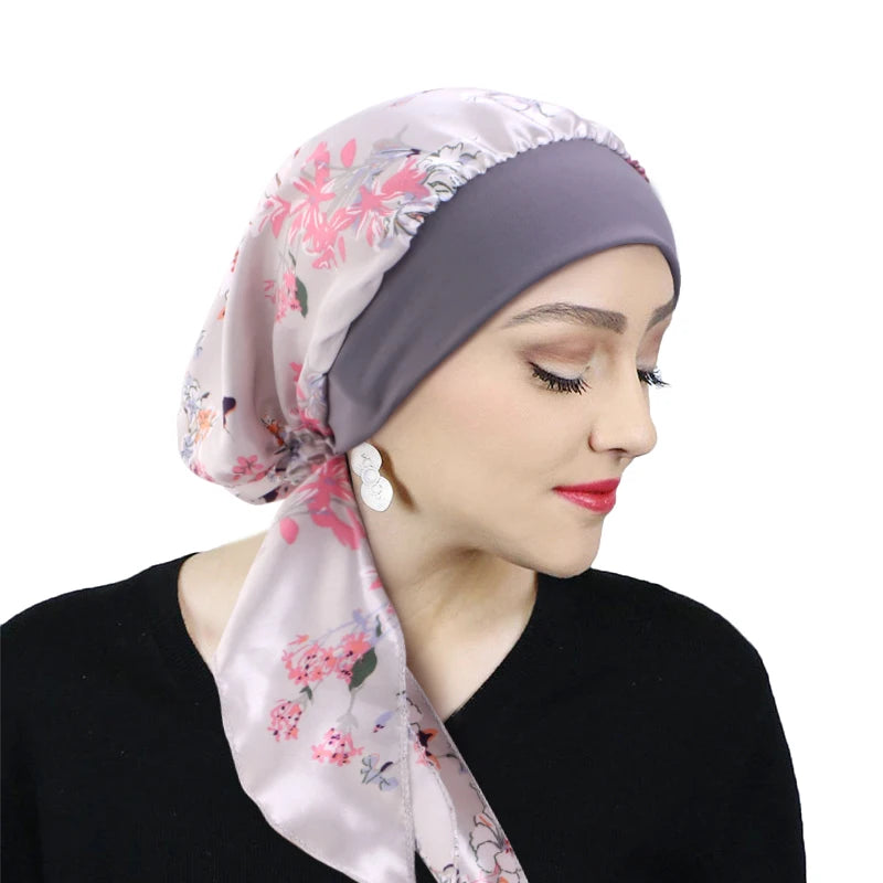 Premium Women Pre-Tied Satin Turban Muslim Inner Hijabs Cancer Chemo Caps Headscarf Hair Loss Headwrap Bandana Elastic Hair Accessories