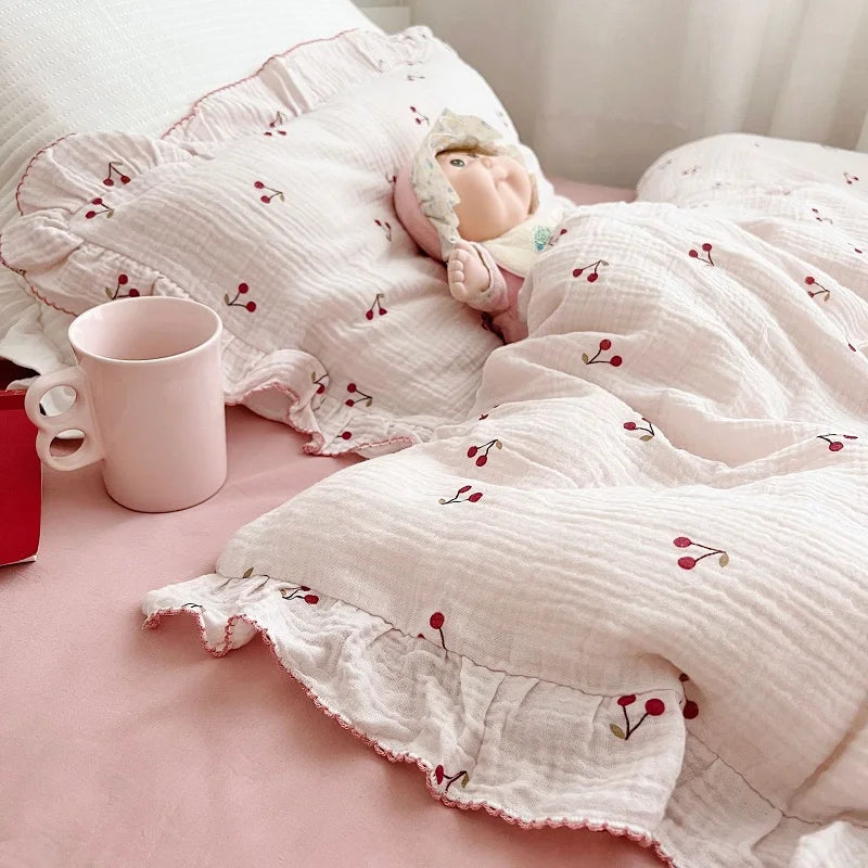 Cozy Princess Ruffle Edge Gauze 100% Cotton Pillow Case Breathable Duvet Cover Without Filler 3PCS Floral Home Bedding Set