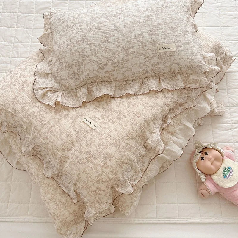 Cozy Princess Ruffle Edge Gauze 100% Cotton Pillow Case Breathable Duvet Cover Without Filler 3PCS Floral Home Bedding Set