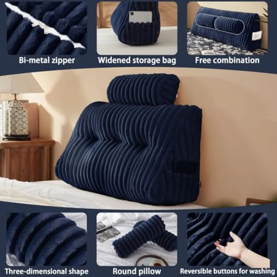 Large Headboard Pillow Faux Fur Headboard Pillow with 2 Pack Neck Roll Pillow  Soft and Supportive with Removable Cover Blue Twi