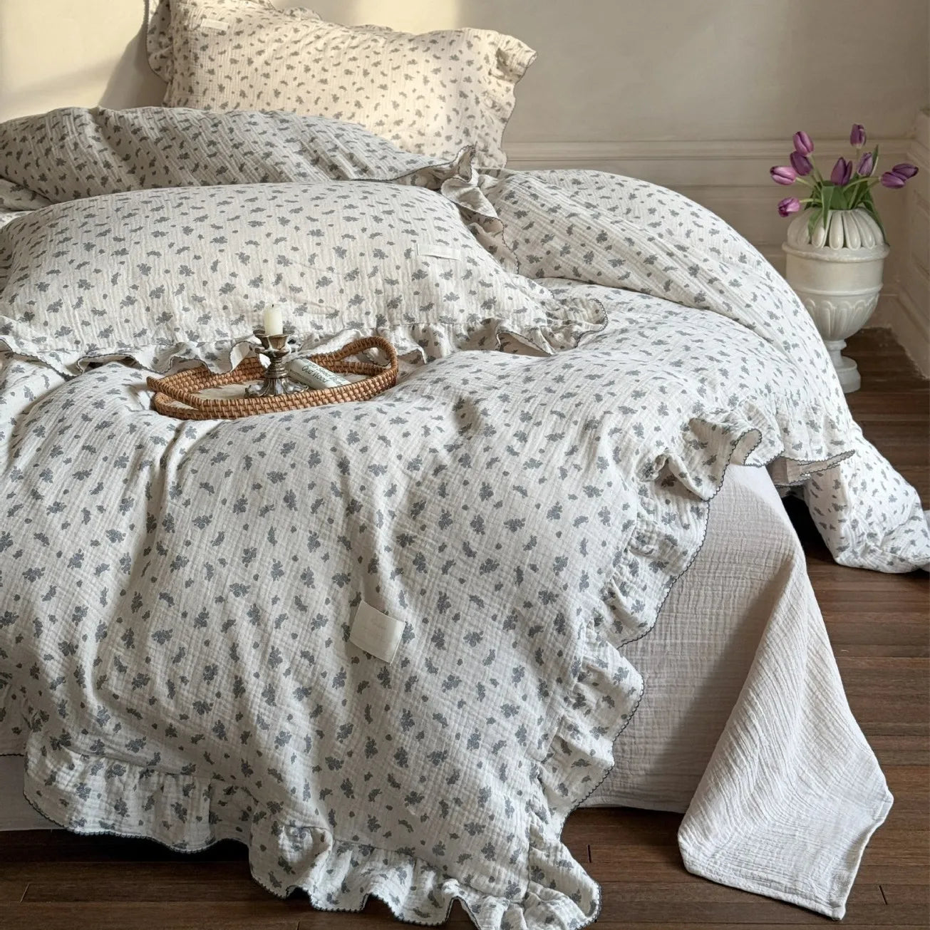 Cozy Princess Ruffle Edge Gauze 100% Cotton Pillow Case Breathable Duvet Cover Without Filler 3PCS Floral Home Bedding Set