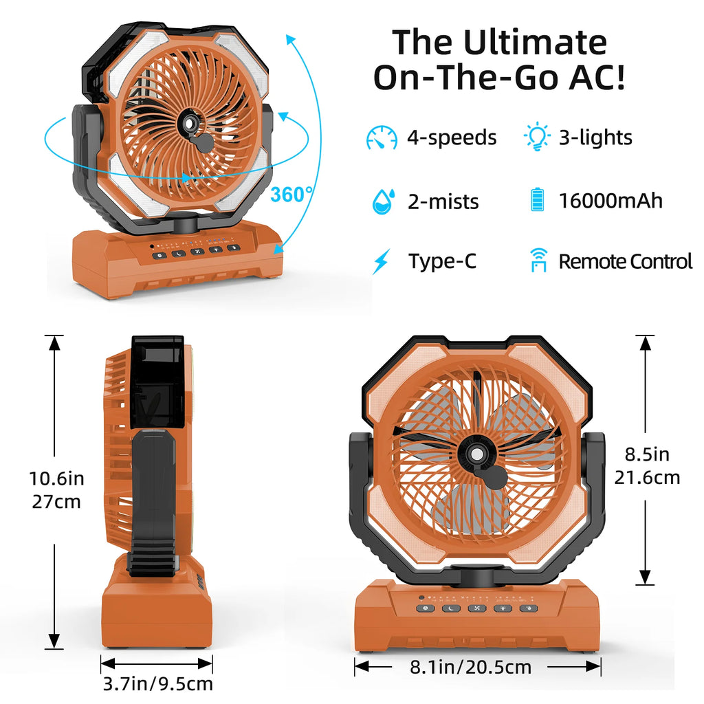 Super 20000mAh Operated Mist Cooling Fan Portable Rechargeable Desk/Camping Fan with LED Light and Hook Outdoor Fan for Tent Car Trip