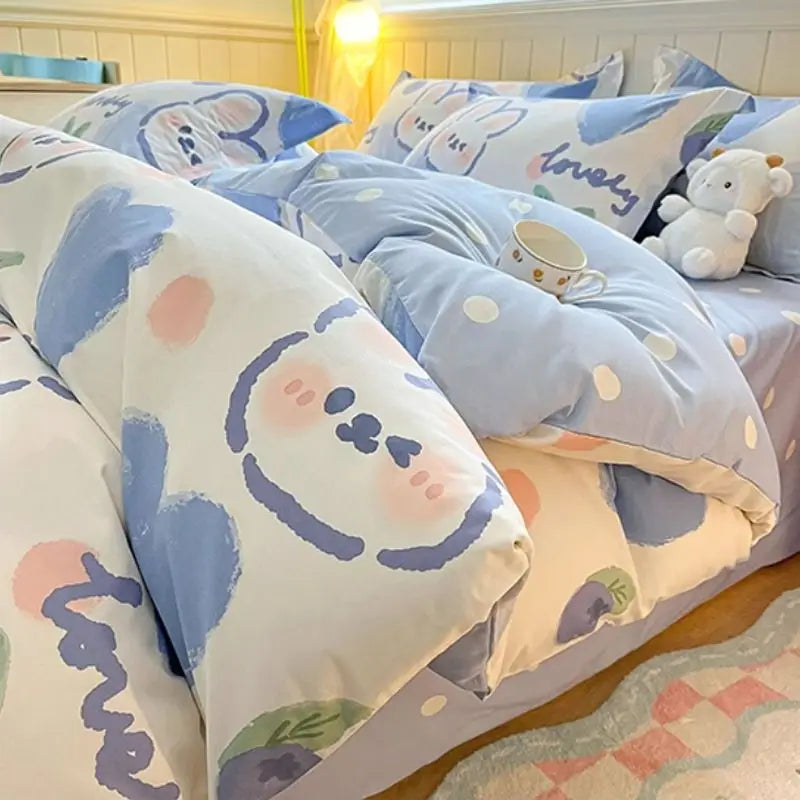 Boys & Girls Cute Rabbit Bedding Set New No Filler Ins Floral Duvet Cover Flat Sheet Pillowcases Twin Queen Size Comforter Cover