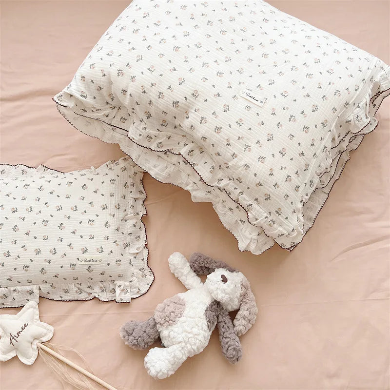 Cozy Princess Ruffle Edge Gauze 100% Cotton Pillow Case Breathable Duvet Cover Without Filler 3PCS Floral Home Bedding Set
