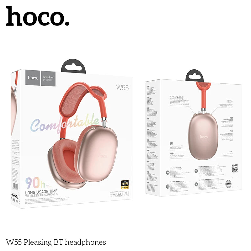 Stereo Headset Deep Bass HOCO W55 Over Ear Buetooth Earphone Wireless Music Headphone Mic HiFi Audio Sound Sport Earphones 40MM AUX TF