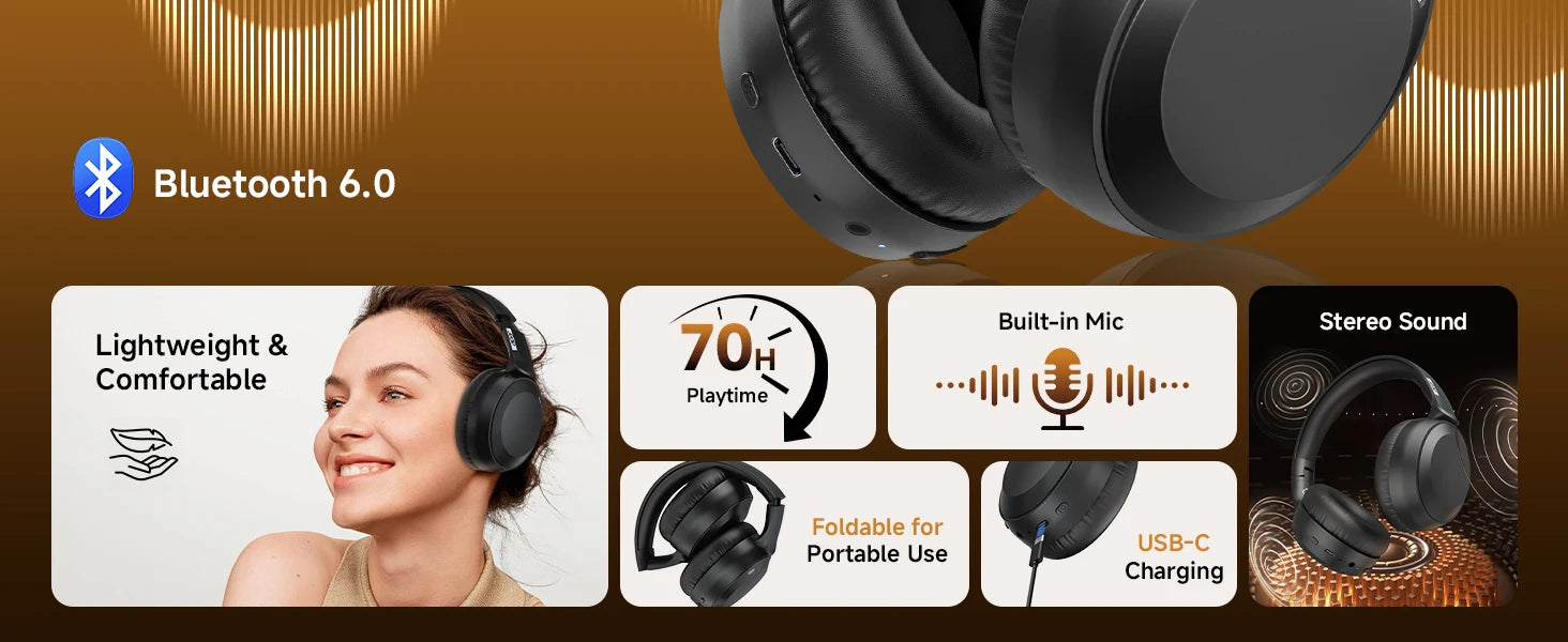 Genuine Acer OHR205 Wireless Bluetooth Headphones Foldable Over-Ear Headphone with 40mm Drivers Multipoint Bluetooth 6.0 for Home,Office