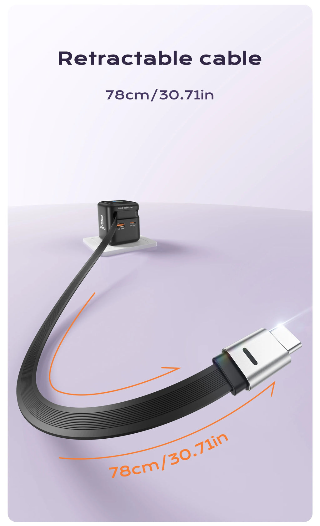 Fast Charging 70W GaN Charger With Retractable Type C Cable 45W PD QC PPS Travel Charger for iPhone 16 Laptop Macbook Tablet Samsung