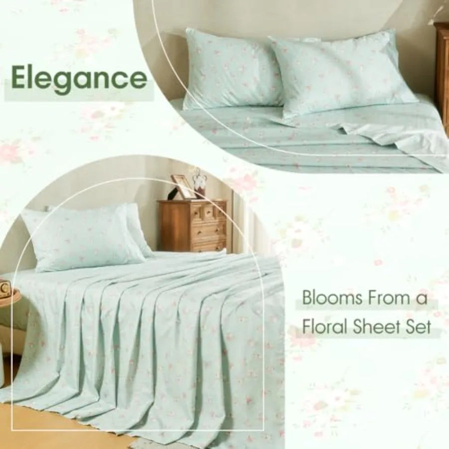 Natural Mint Floral Sheets King Size Deep Pocket Sheets Black Soft Breathable Farmhouse 4pcs Bed Sheet Sets