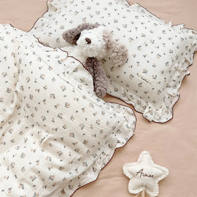 Cozy Princess Ruffle Edge Gauze 100% Cotton Pillow Case Breathable Duvet Cover Without Filler 3PCS Floral Home Bedding Set