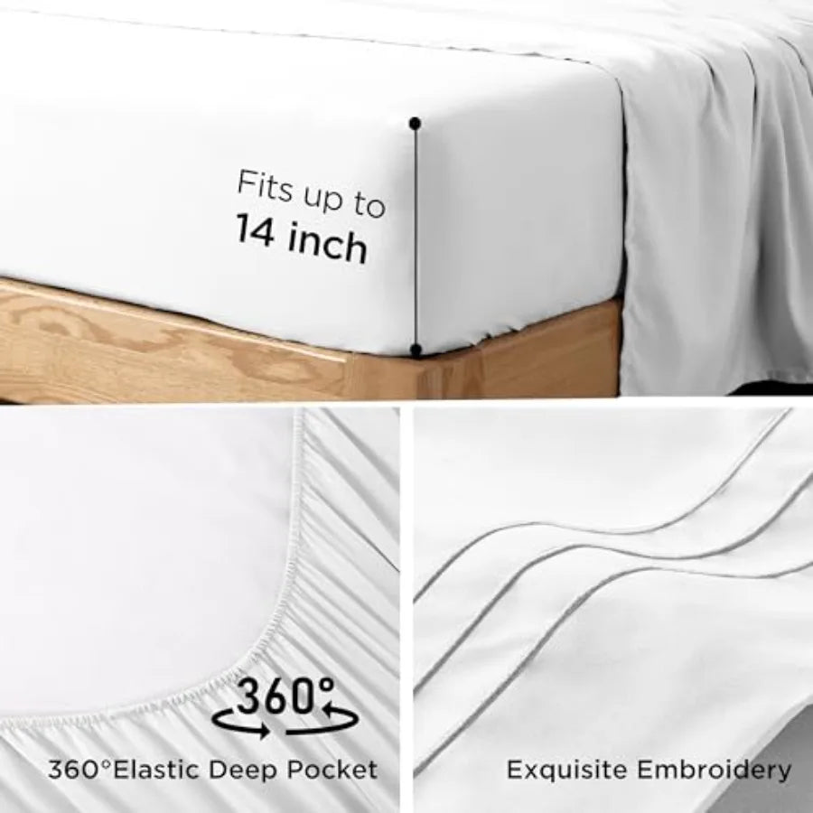 Set with Embroidered Pillowcases Ultra-Soft Size 4 Pcs Sheet Microfiber Comfy Breathable and Cooling Bed Sheets Deep Pocket Fit