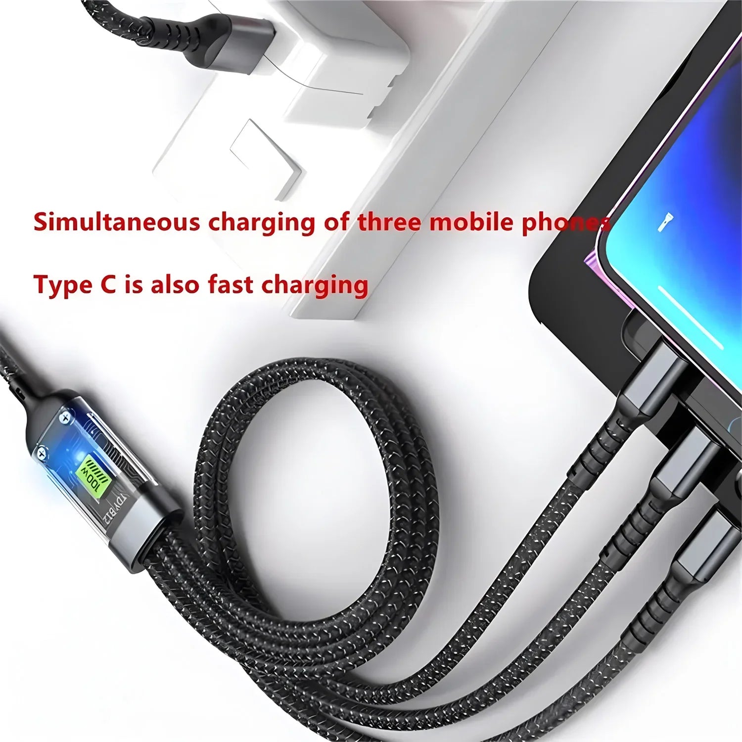 Multi Charger 3 in 1 100W Transparent Pilot Lamp Super Fast Charging Cable Universal with Type C Usb Micro for Iphone Samsung Huawei Xiaomi 6A