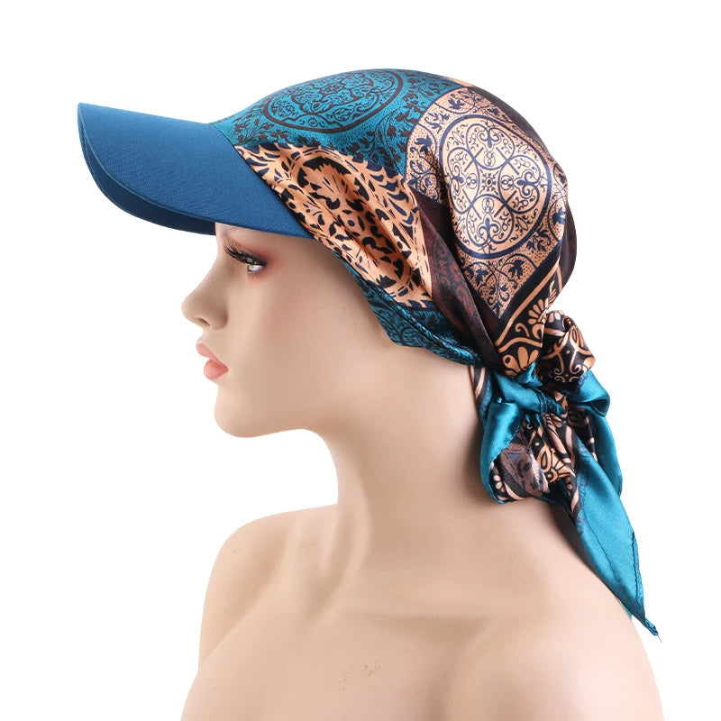 Women Fashion Printed Satin Headscarf Hat with Brim Sun Hats Summer Soft Breathable Headscarf Caps Baseball Cap
