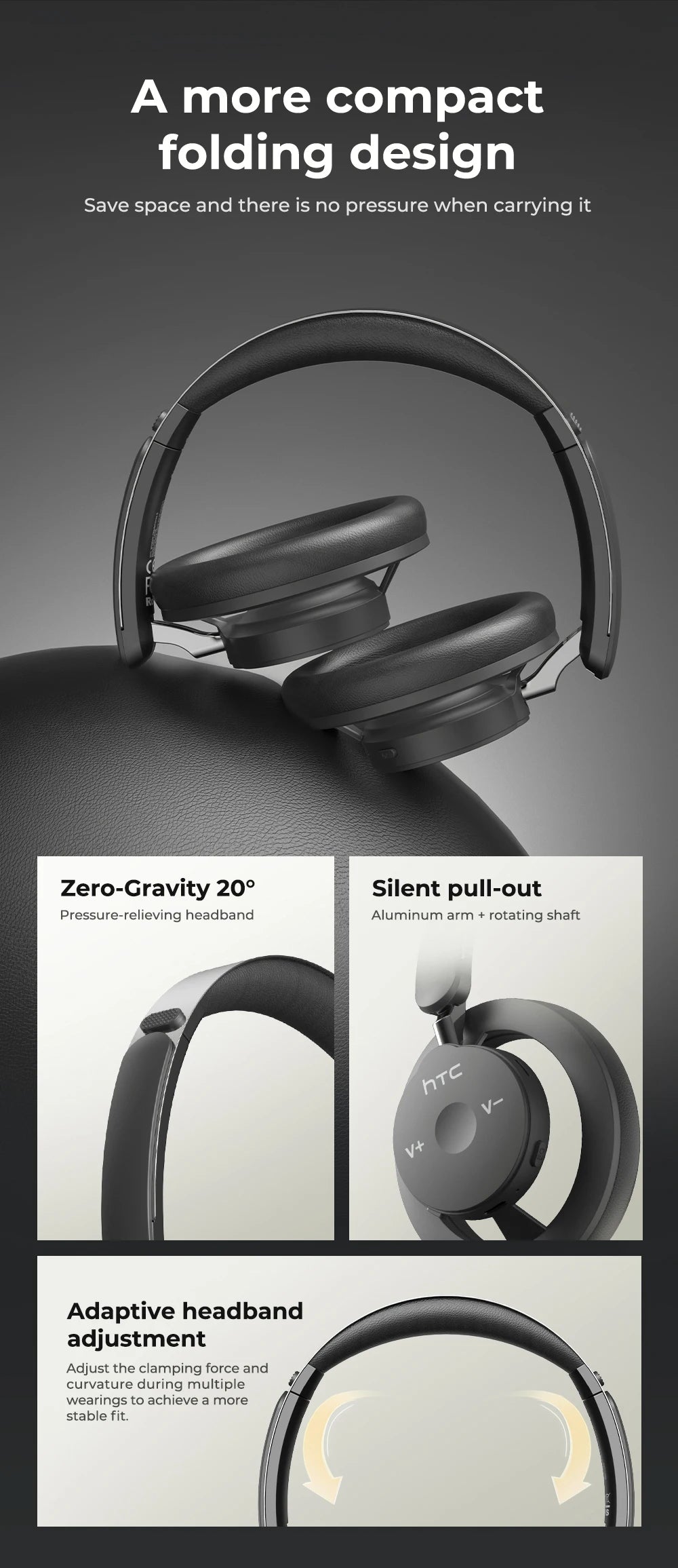 Open-Ear Headphones Foldable Punchy Bass HTC HP06 Bluetooth V6.0 Wireless  Headset for PC Laptop phone TV lightweight Hollow Airy