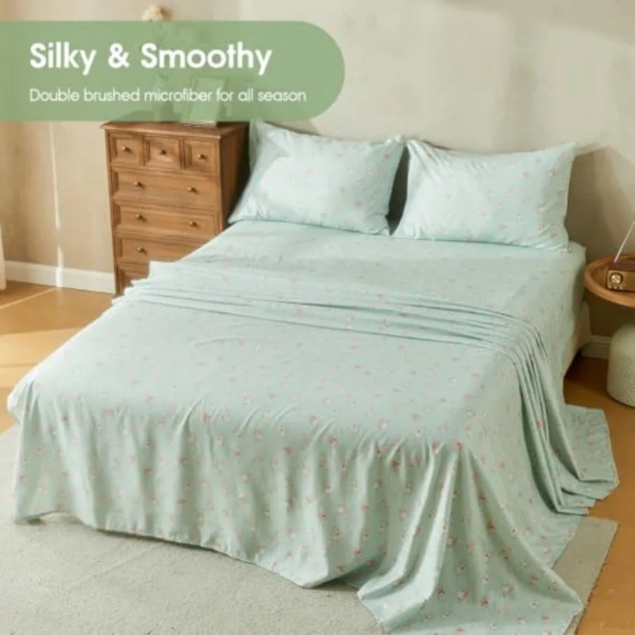 Natural Mint Floral Sheets King Size Deep Pocket Sheets Black Soft Breathable Farmhouse 4pcs Bed Sheet Sets