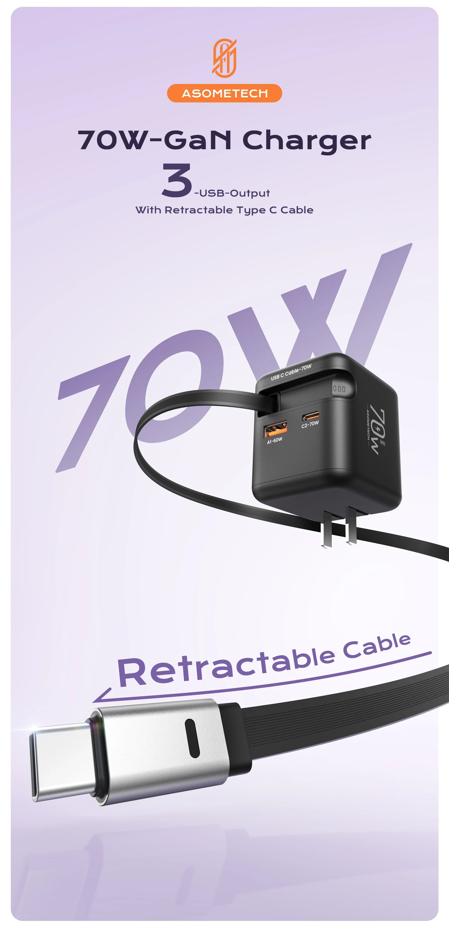 Fast Charging 70W GaN Charger With Retractable Type C Cable 45W PD QC PPS Travel Charger for iPhone 16 Laptop Macbook Tablet Samsung