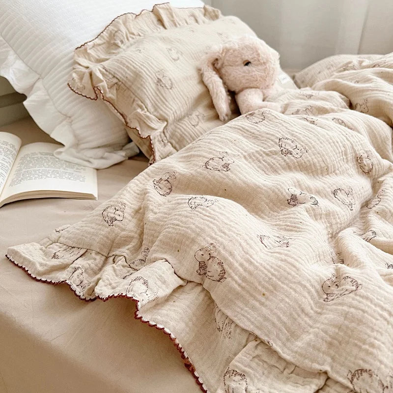 Cozy Princess Ruffle Edge Gauze 100% Cotton Pillow Case Breathable Duvet Cover Without Filler 3PCS Floral Home Bedding Set