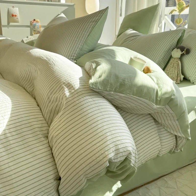 100% Pure Cotton Home Textile Striped Bedding Set Simple Soft Duvet Cover Sheet Pillowcase Ins Style Bed Linens Queen King Size 2025