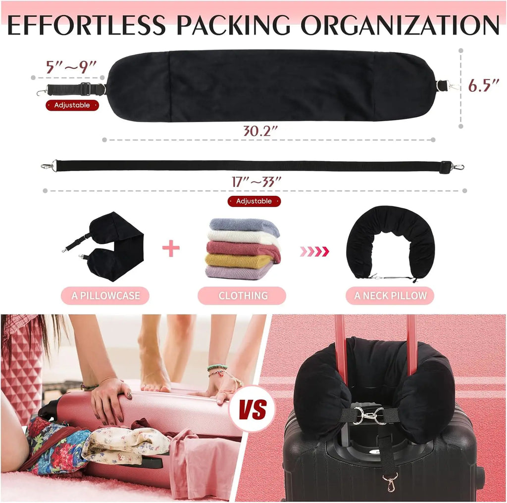 All-in-One Stuffable Travel Pillow with Clothes Storage - No Baggage Fees, Holds 5+ Days Essentials, Adjustable Strap, Black