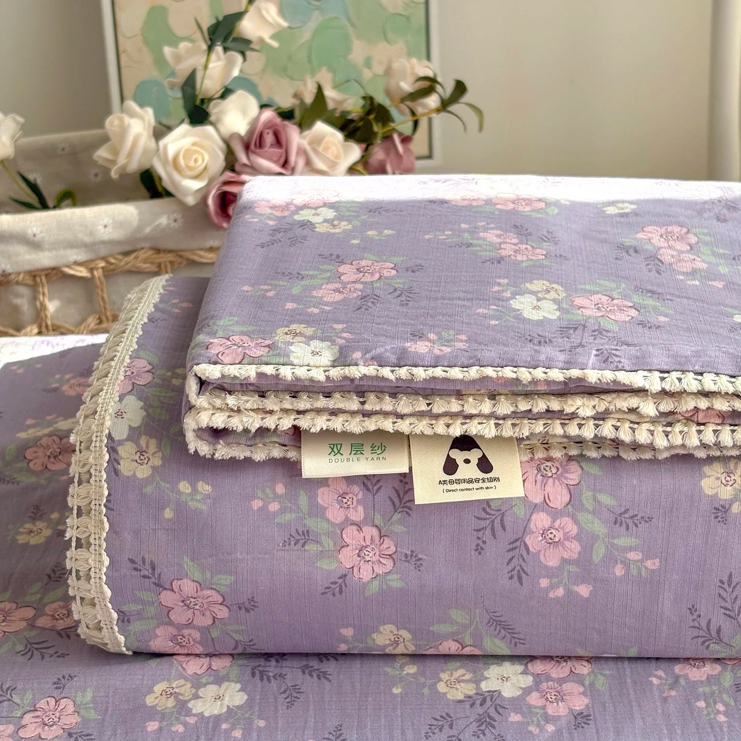 Spring & Summer  Floral Print Double Gauze Bed Sheet with Fringe Lace Trim