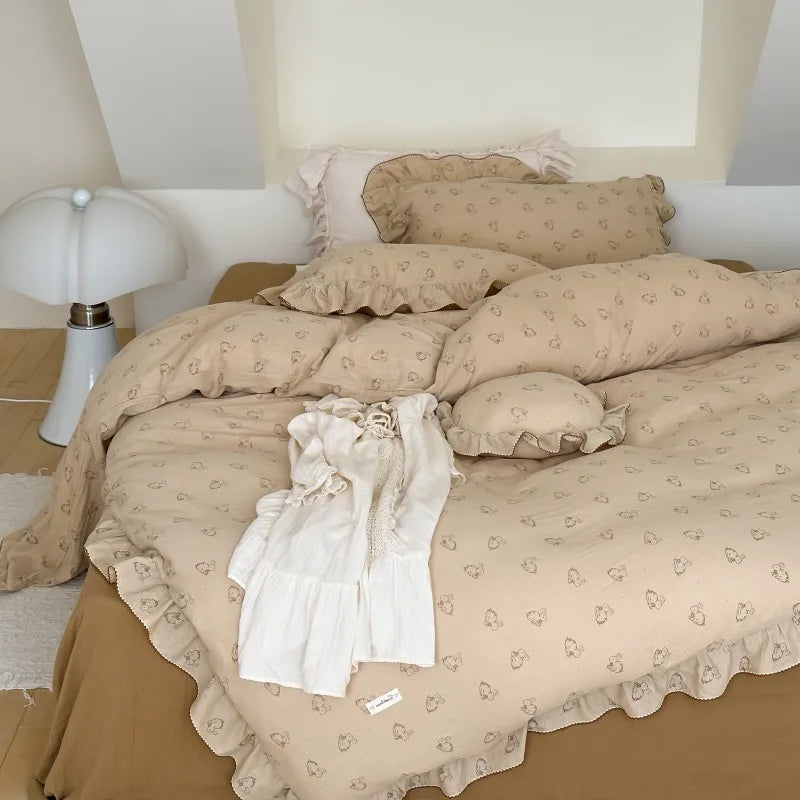 Cozy Princess Ruffle Edge Gauze 100% Cotton Pillow Case Breathable Duvet Cover Without Filler 3PCS Floral Home Bedding Set