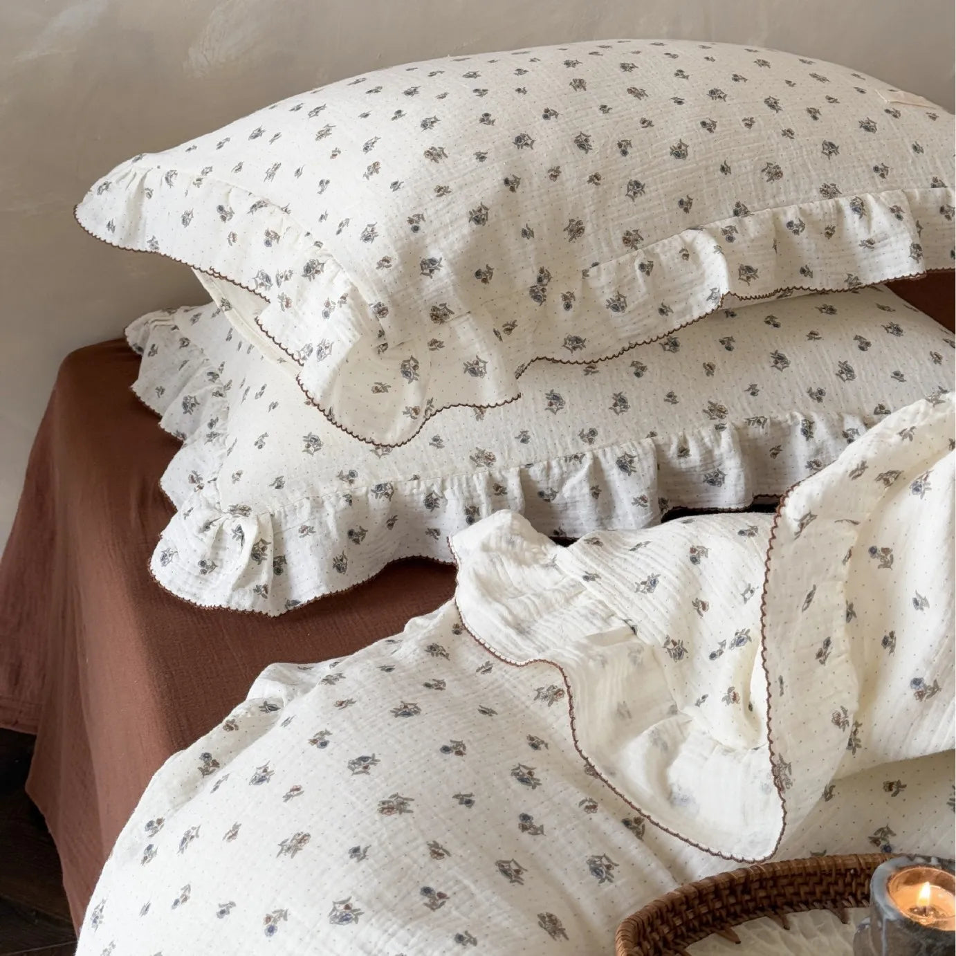 Cozy Princess Ruffle Edge Gauze 100% Cotton Pillow Case Breathable Duvet Cover Without Filler 3PCS Floral Home Bedding Set