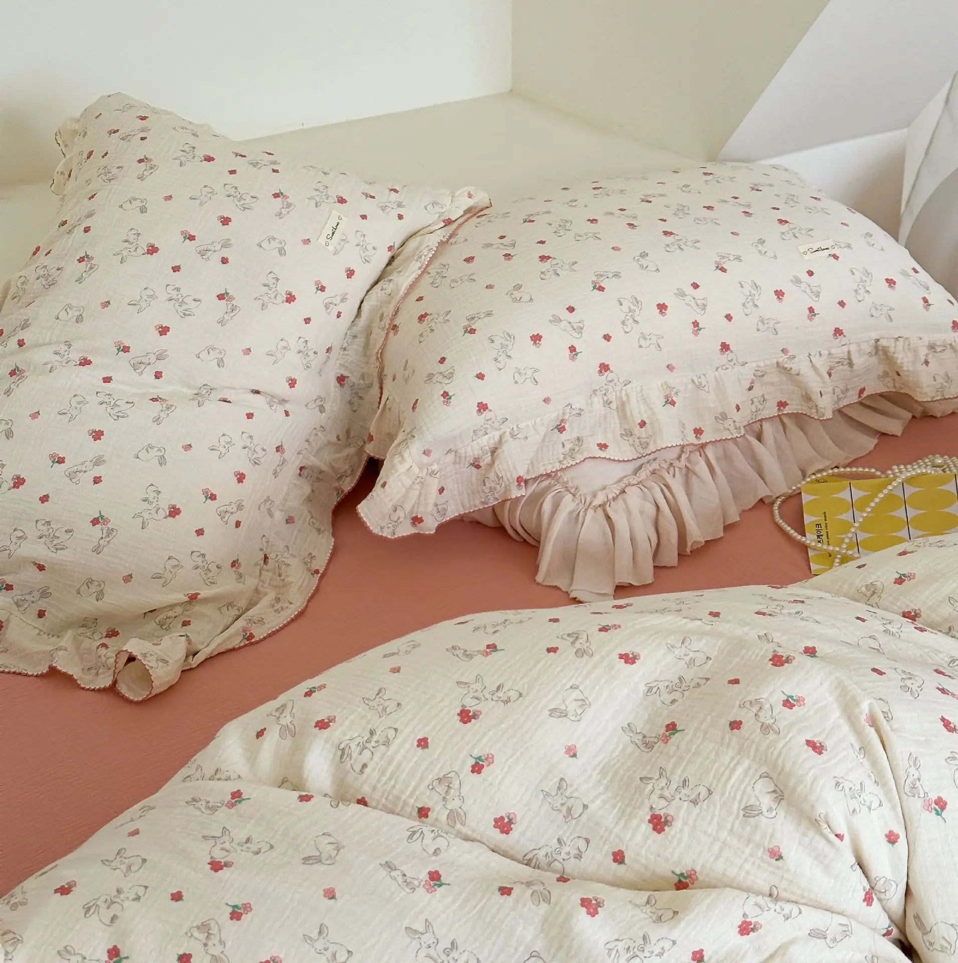 Cozy Princess Ruffle Edge Gauze 100% Cotton Pillow Case Breathable Duvet Cover Without Filler 3PCS Floral Home Bedding Set