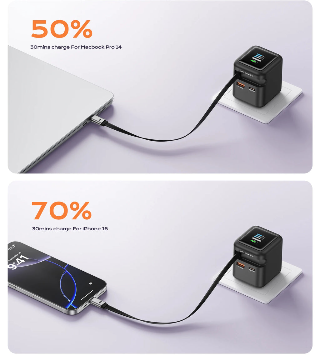 Fast Charging 70W GaN Charger With Retractable Type C Cable 45W PD QC PPS Travel Charger for iPhone 16 Laptop Macbook Tablet Samsung