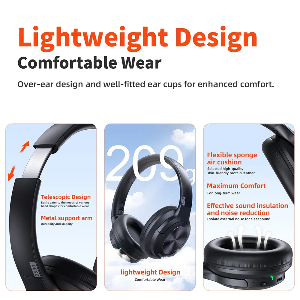 Active Noise Cancellation HiFi Wireless headphones QERE E80 Earphone bluetooth 5.3 ANCHi-Res Audio Over the Ear Headset 70H 40mm Driver2.4G