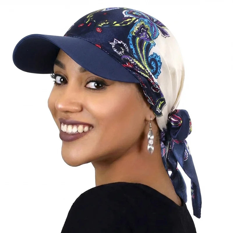 Women Fashion Printed Satin Headscarf Hat with Brim Sun Hats Summer Soft Breathable Headscarf Caps Baseball Cap