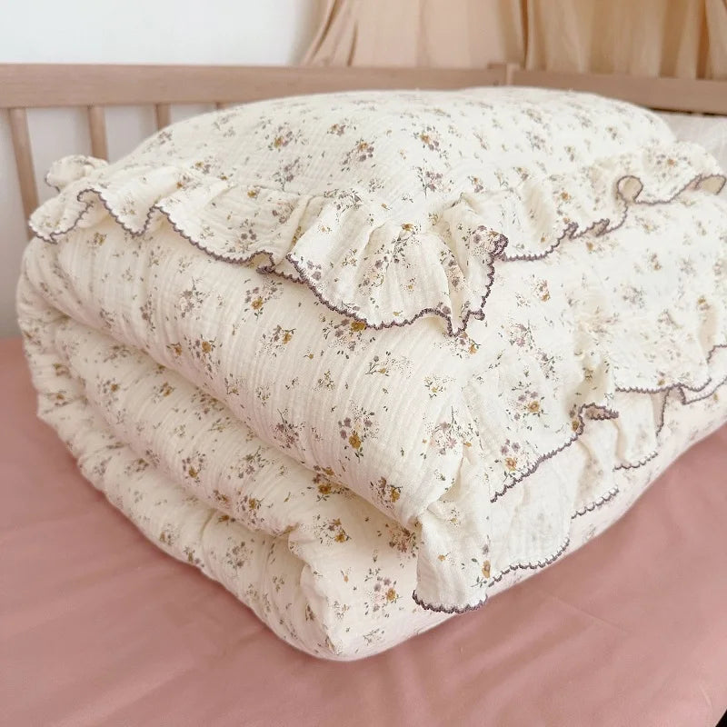 Cozy Princess Ruffle Edge Gauze 100% Cotton Pillow Case Breathable Duvet Cover Without Filler 3PCS Floral Home Bedding Set