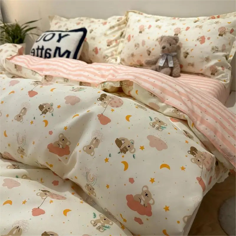 Boys & Girls Cute Rabbit Bedding Set New No Filler Ins Floral Duvet Cover Flat Sheet Pillowcases Twin Queen Size Comforter Cover